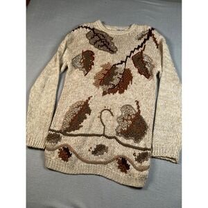 Cabin Creek Knit Sweater Large Cream Brown Leaf Applique Long Sleeve Grandpacore